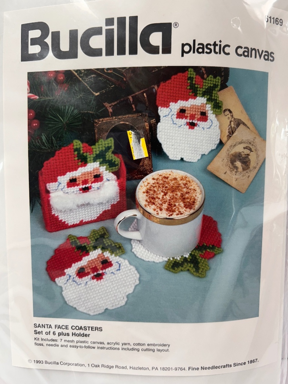 Sealed Vintage Bucilla Christmas Plastic Canvas Santa Face 6 Coasters Holder Kit